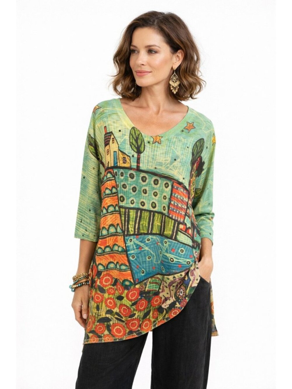 Inoah Womens L Novelty Artsy Tunic Top Multicolor Abstract  Stars 3/4 Sleeve USA